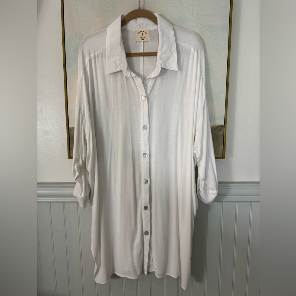 ELECTRIC & ROSE White Button Down Abalone Shell Midi Shirt Coverup Dress XS/S